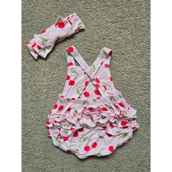 Milkberry Bamboo Pink Cherry Overall Bubble Romper with Hair Bow Size 3-6 Months - Picture 2 of 3